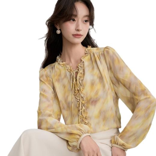 「自」全新升级【铂金会员165/天猫219/差价54】(50444)洛诗琳时尚木耳边系带长袖衬衫2025秋季气质印花雪纺衬衫 商品图4