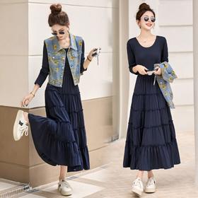 秋季新款女装韩版休闲牛仔马甲连衣裙两件套LXY2556