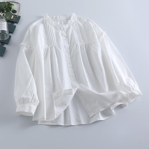 C039-6928新款小清新花边圆领衬衫女宽松百搭木耳边长袖棉质春夏开衫上衣潮 商品图2