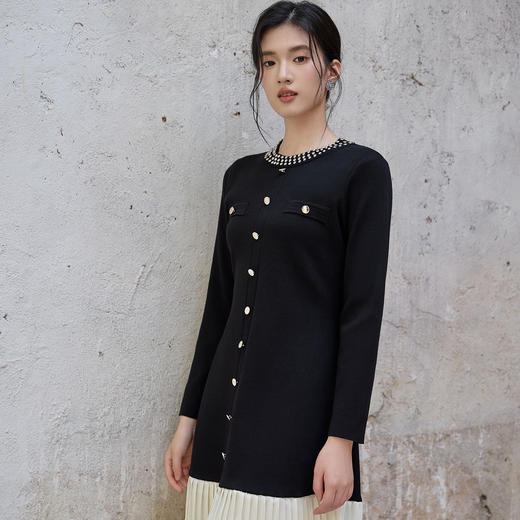 奢姿大码女装2025秋季胖妹妹时尚减龄水钻装饰撞色拼接针织连衣裙9853870316 商品图2