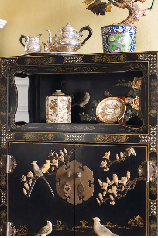 【已售】独角鹿西洋古董 1950-1960年代中国创汇时期出品东方花鸟主题黑漆描金百宝嵌边柜 商品图2