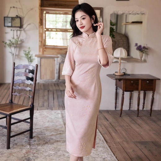 粉色改良新中式倒大袖旗袍麂皮绒年轻款YG2683 商品图1