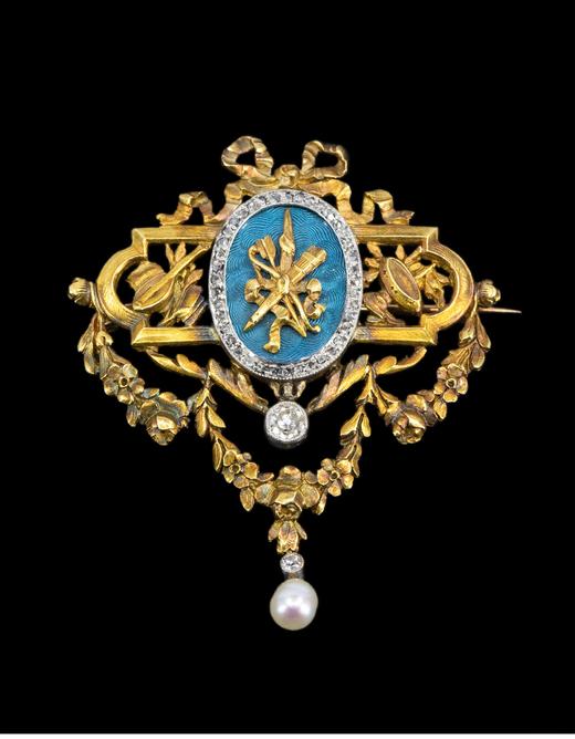 独角鹿西洋古董 1935年代法国出品蝴蝶结花叶造型18K黄金及铂金镶嵌玑镂珐琅钻石及天然野生海水珍珠胸针 商品图0