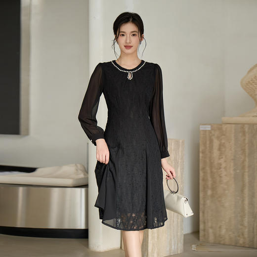 奢姿大码女装2025秋季胖妹妹时尚减龄珍珠水滴型装饰蕾丝连衣裙9953893457 商品图0