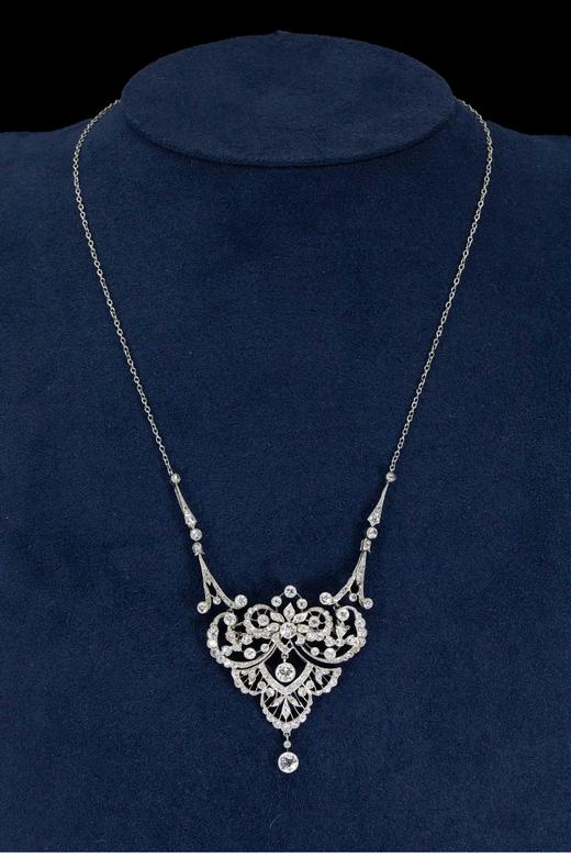 独角鹿西洋古董 1910年代欧洲出品美好时代风格自然花叶造型铂金镶嵌钻石项链 商品图0