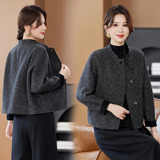 OSL 2501LN双面尼羊毛大衣小个子立领气质人字纹毛呢外套 商品图1