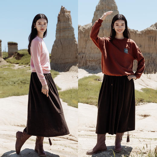 绽放574朵/精纺羊毛花式纱松紧腰抽褶毛织中长款半身裙秋冬新款 商品图1