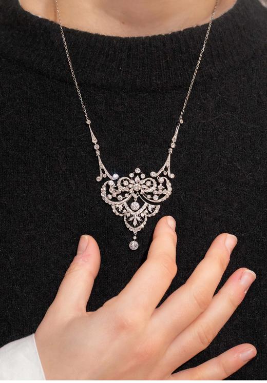 独角鹿西洋古董 1910年代欧洲出品美好时代风格自然花叶造型铂金镶嵌钻石项链 商品图1