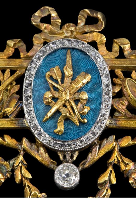 独角鹿西洋古董 1935年代法国出品蝴蝶结花叶造型18K黄金及铂金镶嵌玑镂珐琅钻石及天然野生海水珍珠胸针 商品图4