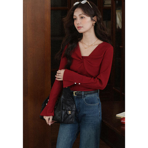 鹿向南「馥郁玫瑰」 复古红色针织衫女早秋新款漂亮独特长袖上衣 商品图0
