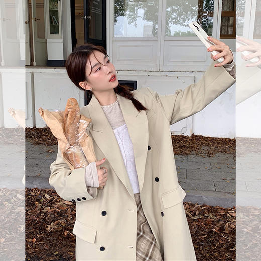 西遇长款风衣外套女秋季新款韩系翻领单排扣杏色宽松大衣SS051490 商品图2