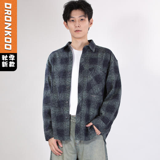 DRONKOO 2025 翻领左贴袋织唛撞色大格纹微阔中厚衬衣外套 商品图0
