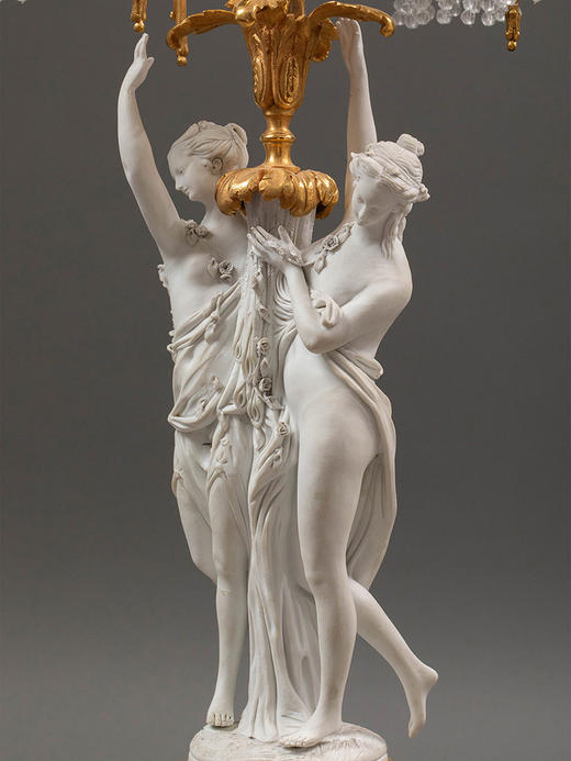 独角鹿西洋古董19世纪法国出品卷叶纹铜鎏金精雕装饰古典女神主题素胎瓷人物雕塑及水晶流苏灯罩三枝头台灯一对 商品图3