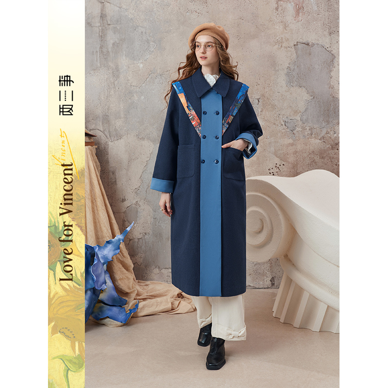 【暖冬内购】两三事梵高文艺莱茵河畔2025秋冬款印花拼接拼色海军领毛呢外套女