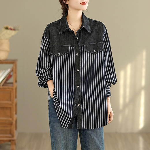 GYH 1779长袖宽松街头牛仔拼接条纹衬衫不规则上衣外套 商品图2