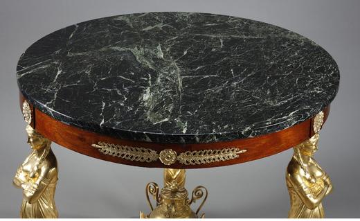 独角鹿西洋古董 19世纪法国出品家具大师雅各布·德斯马尔特设计帝政风格铜鎏金精雕女神柱装饰大理石台面桃花心木圆桌 商品图1