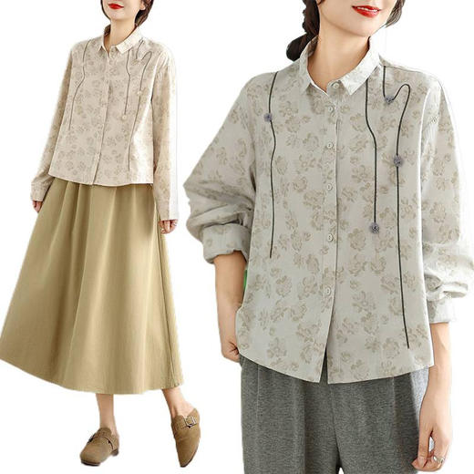 GYH 1783宽松休闲文艺刺绣碎花大码长袖衬衫 商品图4