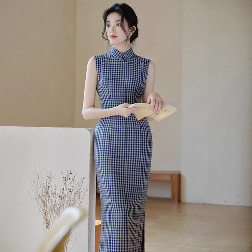 民国大小姐无袖旗袍改良年轻款日常可穿夏季复古素雅格子连衣裙女 商品图2