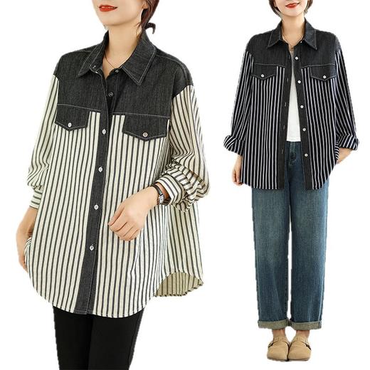 GYH 1779长袖宽松街头牛仔拼接条纹衬衫不规则上衣外套 商品图4