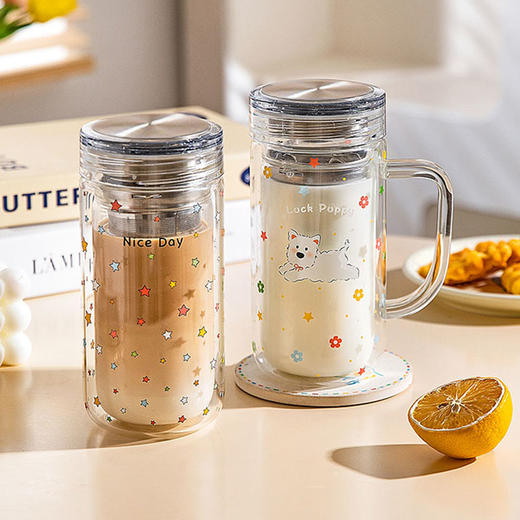 摩登主妇双层玻璃杯带盖咖啡杯子办公室水杯耐高温茶水分离泡茶杯 商品图0