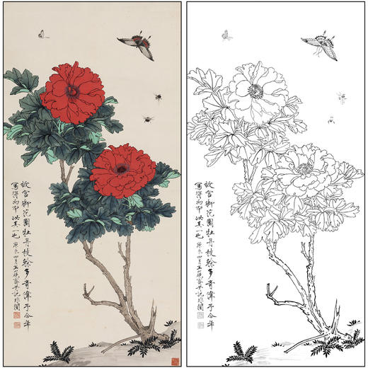于非闇花鸟工笔画白描底稿《牡丹蝴蝶》临摹勾线高清打印稿FA18 商品图0