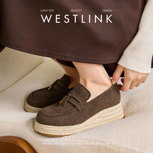 【限时秒杀】西遇厚底乐福鞋女秋新款老钱风一脚蹬草编渔夫鞋坡跟增高单鞋V1857102 商品图1