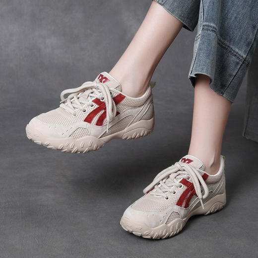 吉树秋热销头层牛皮透气软底运动风休闲女鞋真皮拼色网面低跟女鞋 商品图0