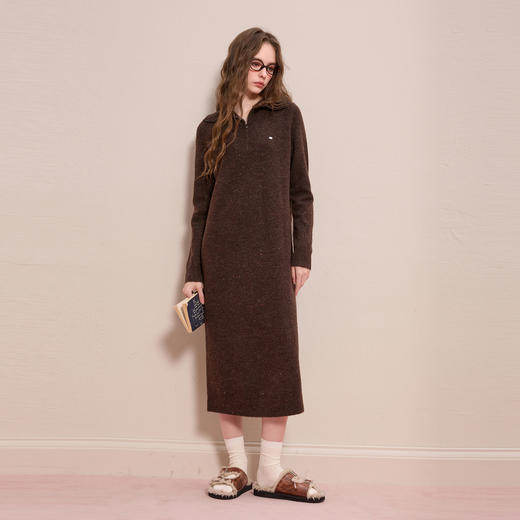 三彩2025冬季新款针织裙翻领拉链连衣裙宽松直筒长裙M 商品图1