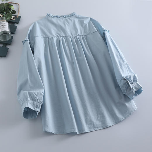 C039-6928新款小清新花边圆领衬衫女宽松百搭木耳边长袖棉质春夏开衫上衣潮 商品图3