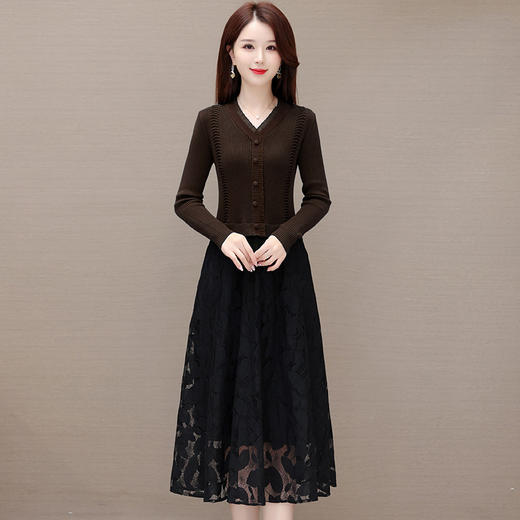 QYM A2303-1-Y假两件针织连衣裙毛线裙拼结蕾丝纱网裙 商品图1