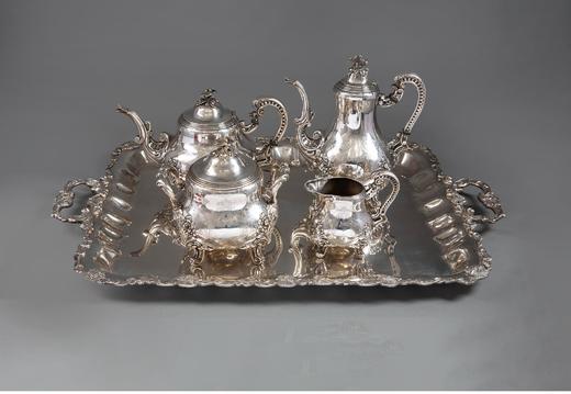 独角鹿西洋古董 19世纪法国出品路易十五风格古典花叶主题纯银精雕下午茶套件 商品图0