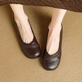 【预售5天】法式复古圆头浅口单鞋女真皮舒适百搭平底鞋软底奶奶鞋NJMK&K1729