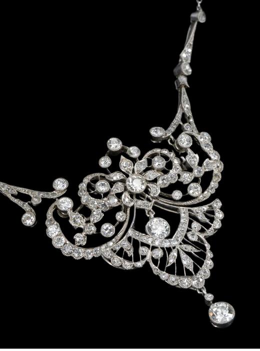 独角鹿西洋古董 1910年代欧洲出品美好时代风格自然花叶造型铂金镶嵌钻石项链 商品图2