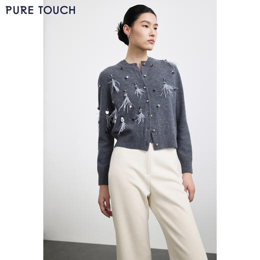PURE TOUCH女装25秋冬新款圆领羊毛针织开衫重工装饰羊毛开襟外套 商品图0