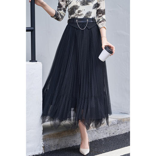 米思阳2026春季新款时尚气质黑色半身裙网纱百褶波点a字长裙0183 商品图0