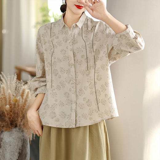 GYH 1783宽松休闲文艺刺绣碎花大码长袖衬衫 商品图3