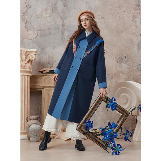 【暖冬内购】两三事梵高文艺莱茵河畔2025秋冬款印花拼接拼色海军领毛呢外套女 商品图3