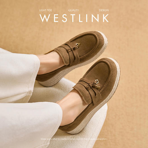 【限时秒杀】西遇厚底乐福鞋女秋新款老钱风一脚蹬草编渔夫鞋坡跟增高单鞋V1857102 商品图2