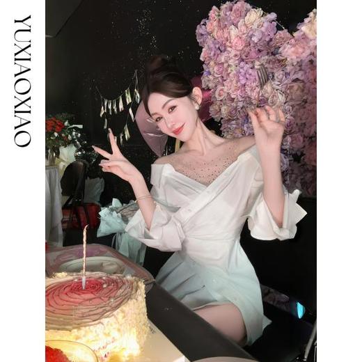 余潇潇【时髦海瑟薇】层次设计褶皱假两件拼接烫钻薄纱不规则连衣裙 商品图4