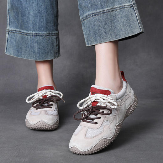 JS12912025秋鞋新款真皮拼色系带休闲女鞋运动风软底鞋平底防滑单鞋 商品图3