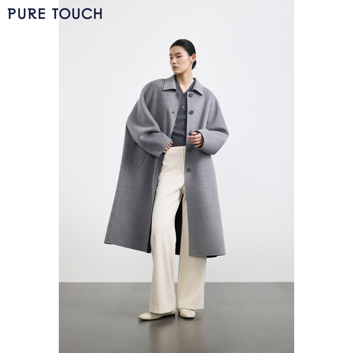 PURE TOUCH女装 25秋冬新款双面呢大衣中长款丝绒毛混纺廓形毛呢