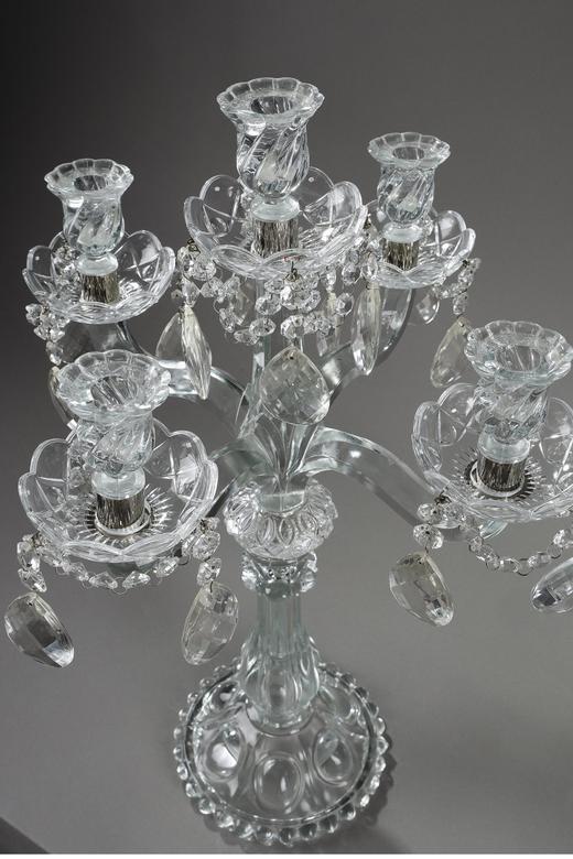 独角鹿西洋古董 20世纪法国出品流苏造型五枝头水晶精雕烛台一对 商品图2