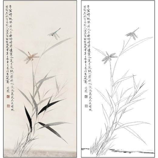 于非闇花鸟工笔画白描底稿《苇叶蜻蜓》临摹勾线高清打印稿FA22 商品图0