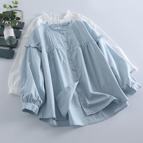 C039-6928新款小清新花边圆领衬衫女宽松百搭木耳边长袖棉质春夏开衫上衣潮