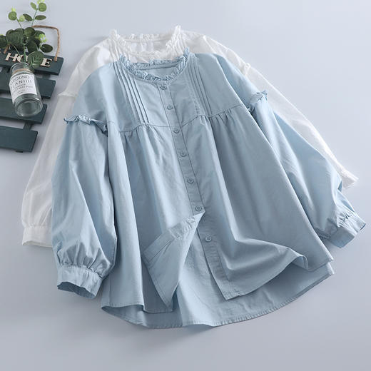 C039-6928新款小清新花边圆领衬衫女宽松百搭木耳边长袖棉质春夏开衫上衣潮 商品图0