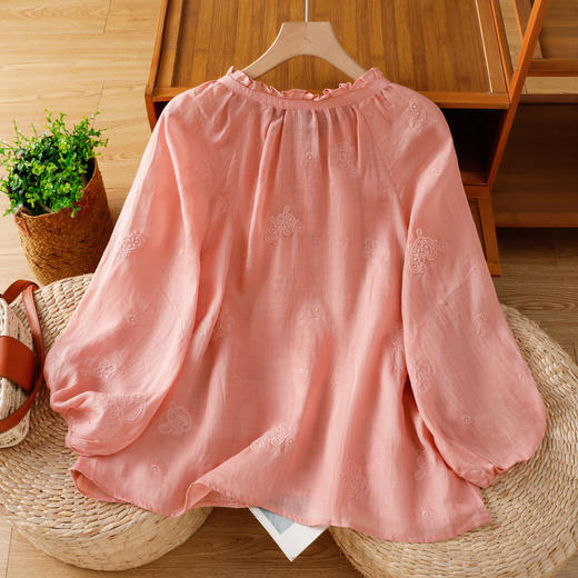 C039-92942025简约休闲复古夏季宽松系带刺绣花衬衫女花边领口文艺上衣女 商品图3