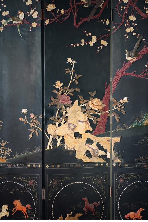 独角鹿西洋古董 20世纪中国出品花鸟奔马主题百宝嵌双面四曲屏风 商品图2