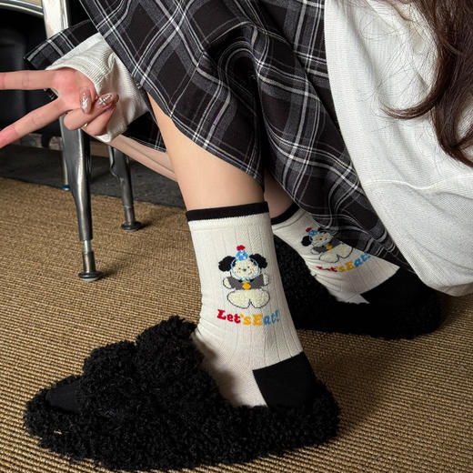 4双装！超可爱薯条汉堡+刺绣狗中筒袜女袜  200N高密度一体机织造  袜头无骨缝合不硌脚 商品图0