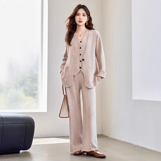 轻熟风针织外套阔腿裤套装，时尚洋气老钱风三件套HR-YBER602 商品图0