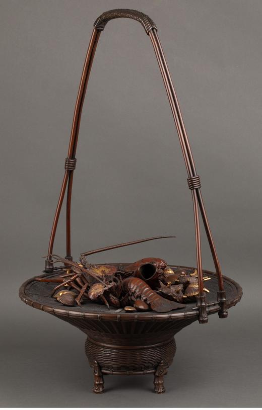 独角鹿西洋古董 1880年代日本明治时期著名金匠大师大島如雲签名出品金银装饰铜雕海鲜提篮 商品图2